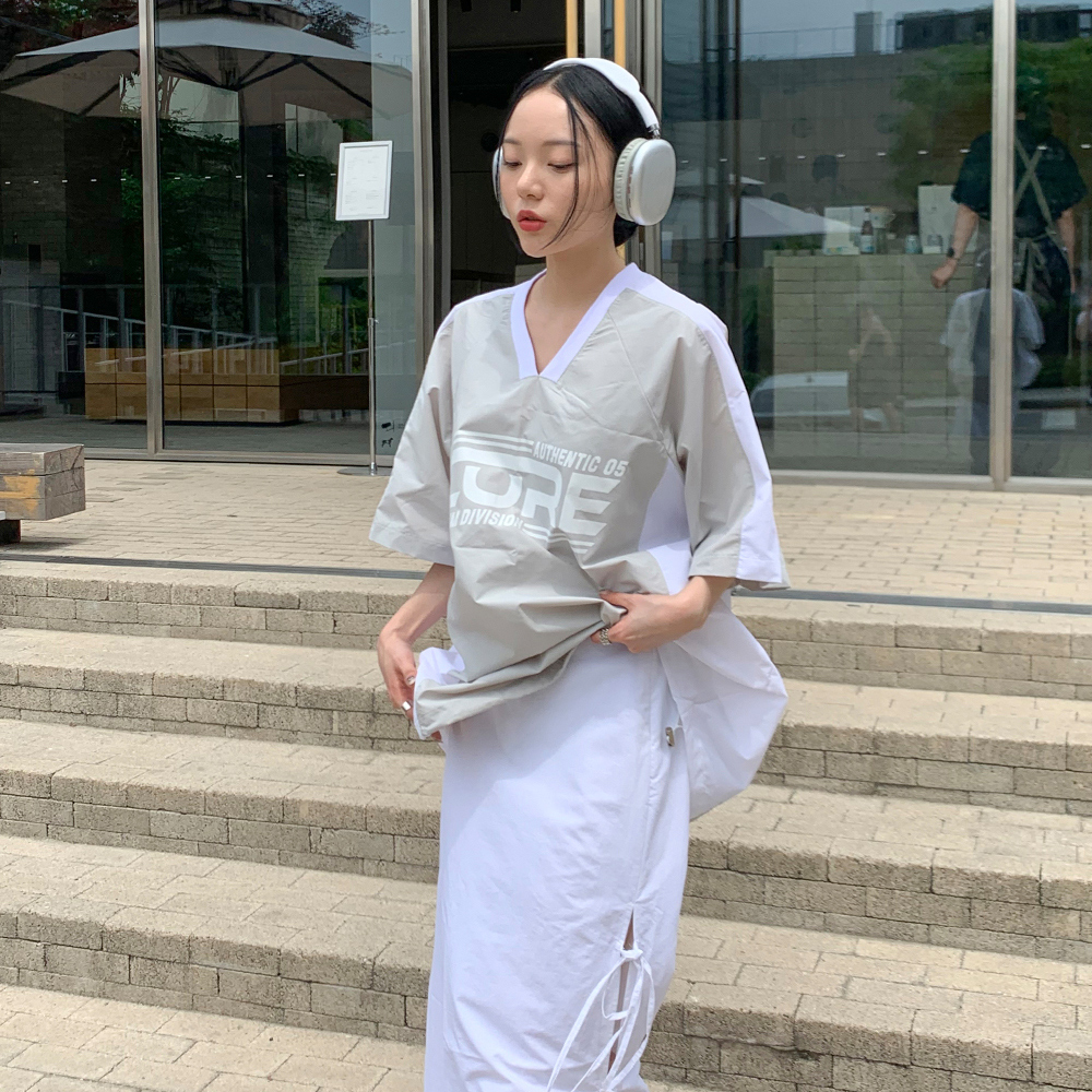 [무료배송][리본끈포인트]예삐 나일론 롱 스커트 <br> 치마 루즈핏 언발 옆트임 바스락 리본 3컬러