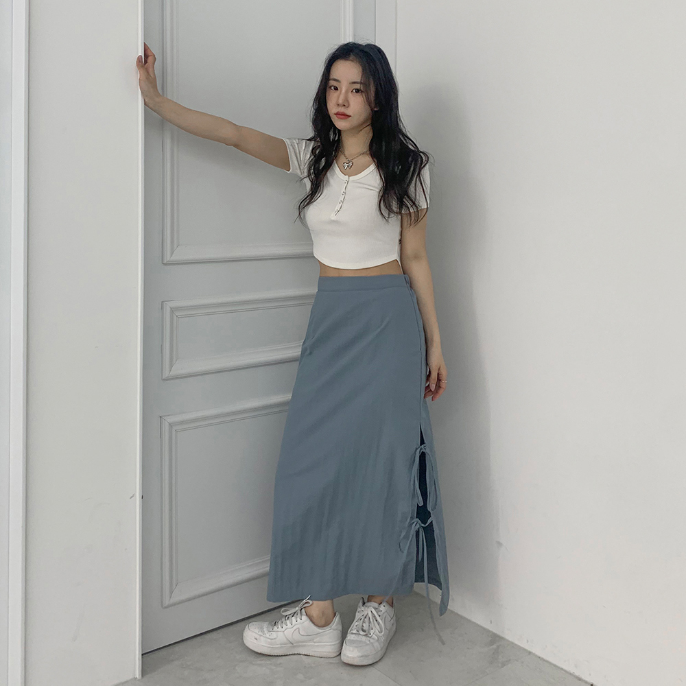 [무료배송][리본끈포인트]예삐 나일론 롱 스커트 <br> 치마 루즈핏 언발 옆트임 바스락 리본 3컬러
