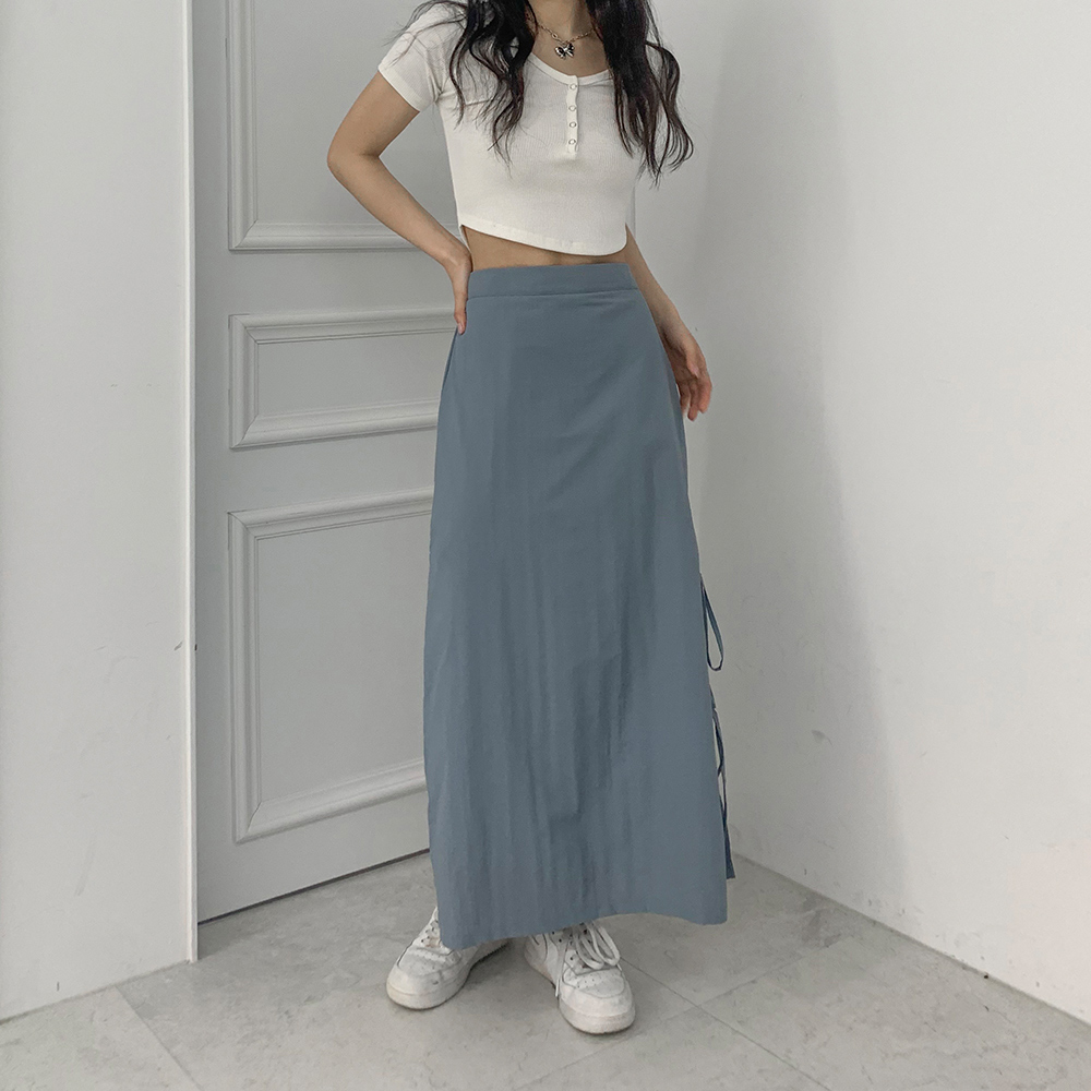 [무료배송][리본끈포인트]예삐 나일론 롱 스커트 <br> 치마 루즈핏 언발 옆트임 바스락 리본 3컬러