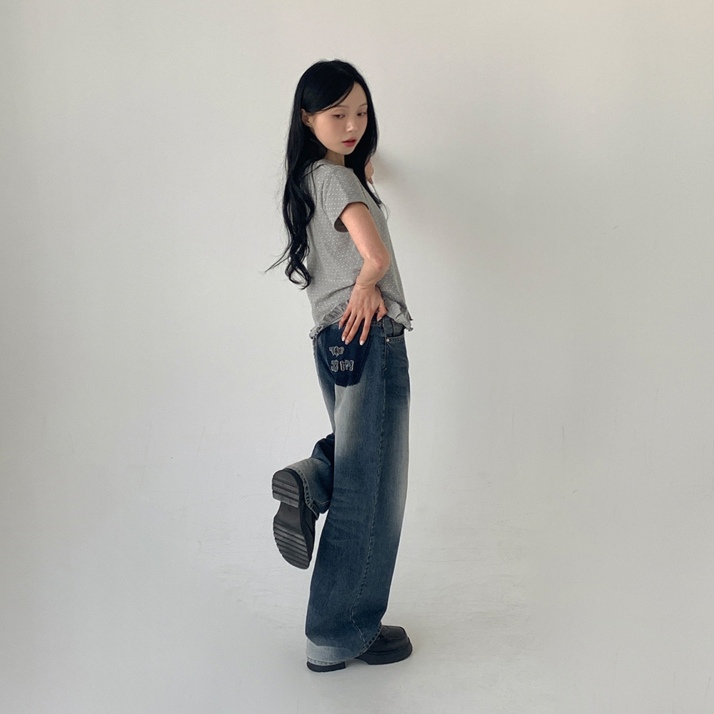 [무료배송][빈티지/자수포인트!]토들리 데님 와이드팬츠 <br> 청바지 레터링 데미지 워싱 페미닌힙 빅사이즈