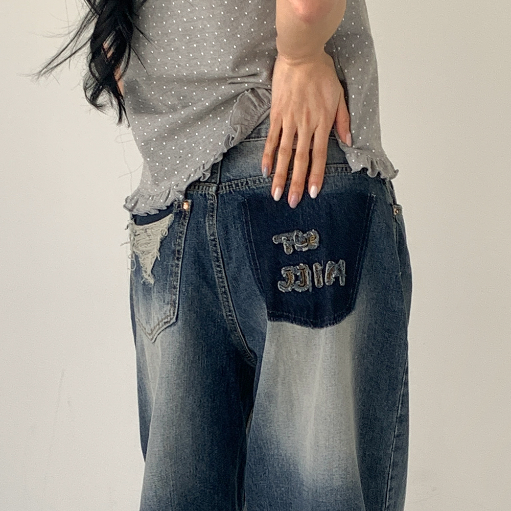 [무료배송][빈티지/자수포인트!]토들리 데님 와이드팬츠 <br> 청바지 레터링 데미지 워싱 페미닌힙 빅사이즈