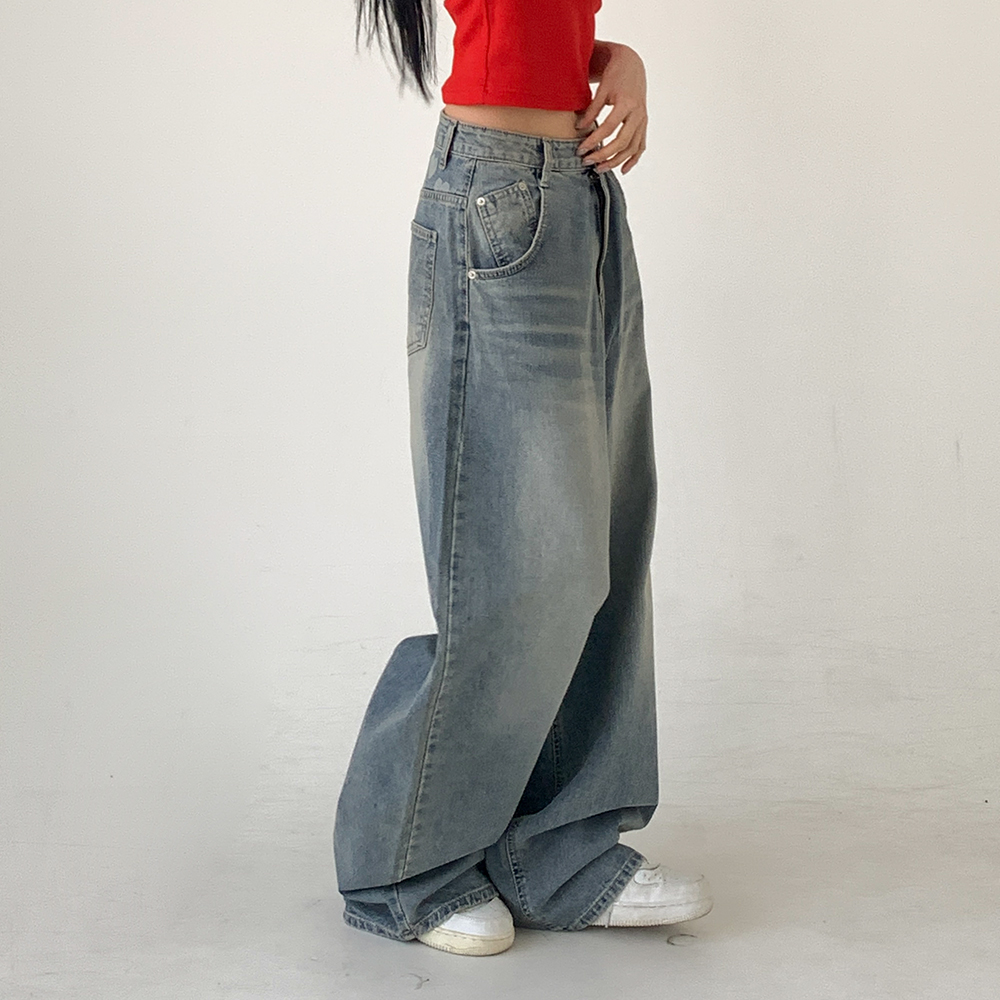 [❤/밑단똑딱이]삐아 하트 와이드팬츠 <br> 긴바지 워싱 군살커버 기장조절ok 귀욤 포인트!