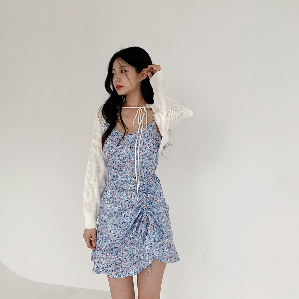 [무료배송]당일발송[휴가룩딱/파격세일]제주도행 나시 원피스<br> 스트링 플라워 셔링 프릴 브이넥 미니 잔꽃