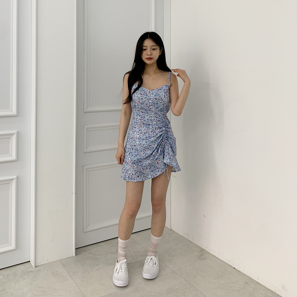 [무료배송]당일발송[휴가룩딱/파격세일]제주도행 나시 원피스<br> 스트링 플라워 셔링 프릴 브이넥 미니 잔꽃