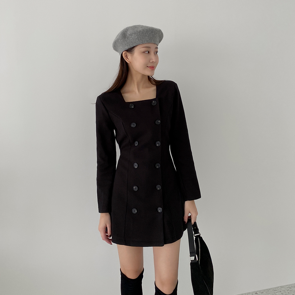 [무료배송][당일발송][허리강조]빈티 버튼 울 원피스 <br> 스퀘어 미니 원피스 단추 하객룩 울함유