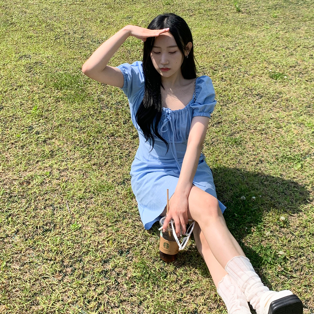 [무료배송]당일발송[여행룩]아일랜드 미니 원피스<br> 코튼 여행룩 리본 퍼프 미니원피스 린넨