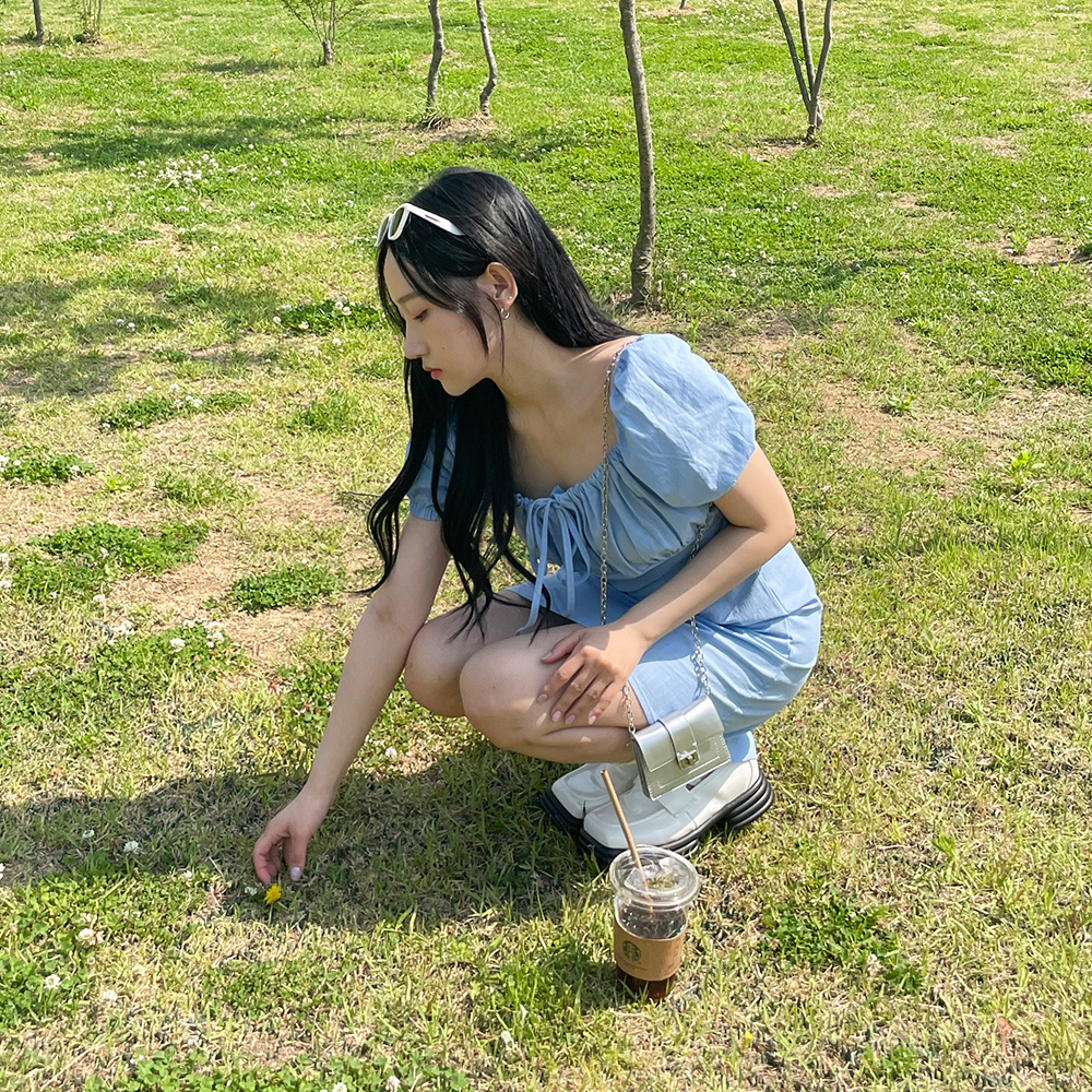 [무료배송]당일발송[여행룩]아일랜드 미니 원피스<br> 코튼 여행룩 리본 퍼프 미니원피스 린넨