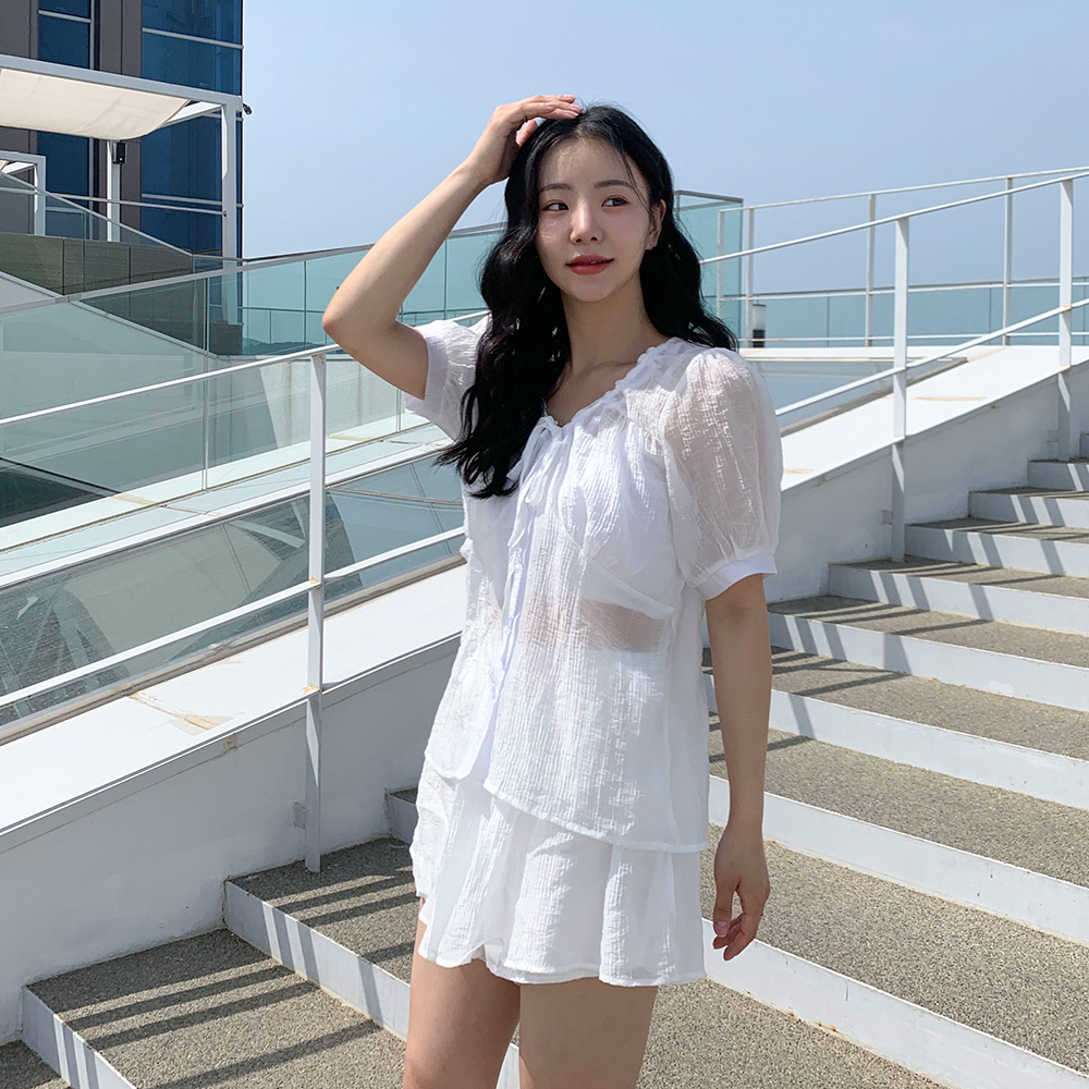 [무료배송][세트가격]랭크 투피스 세트<br> SET 스커트 프릴 셔링 리본 시스루 여름 브이넥