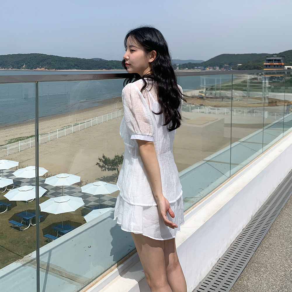 [무료배송][세트가격]랭크 투피스 세트<br> SET 스커트 프릴 셔링 리본 시스루 여름 브이넥