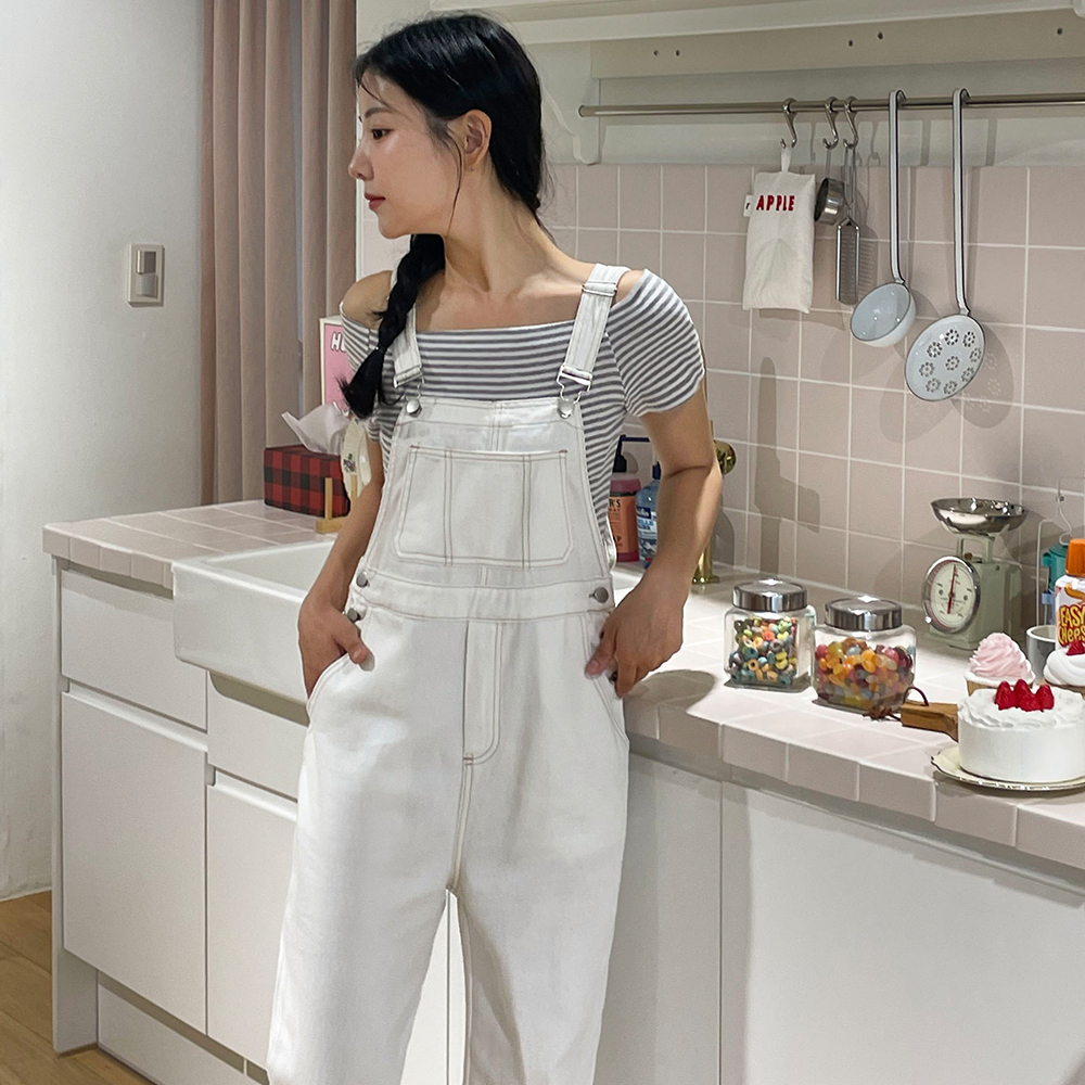 [무료배송][1컬러/실물깡패]두두 코튼 오버롤팬츠 <br> 긴바지 멜빵 롤업 포켓 스티치 코지 와이드핏