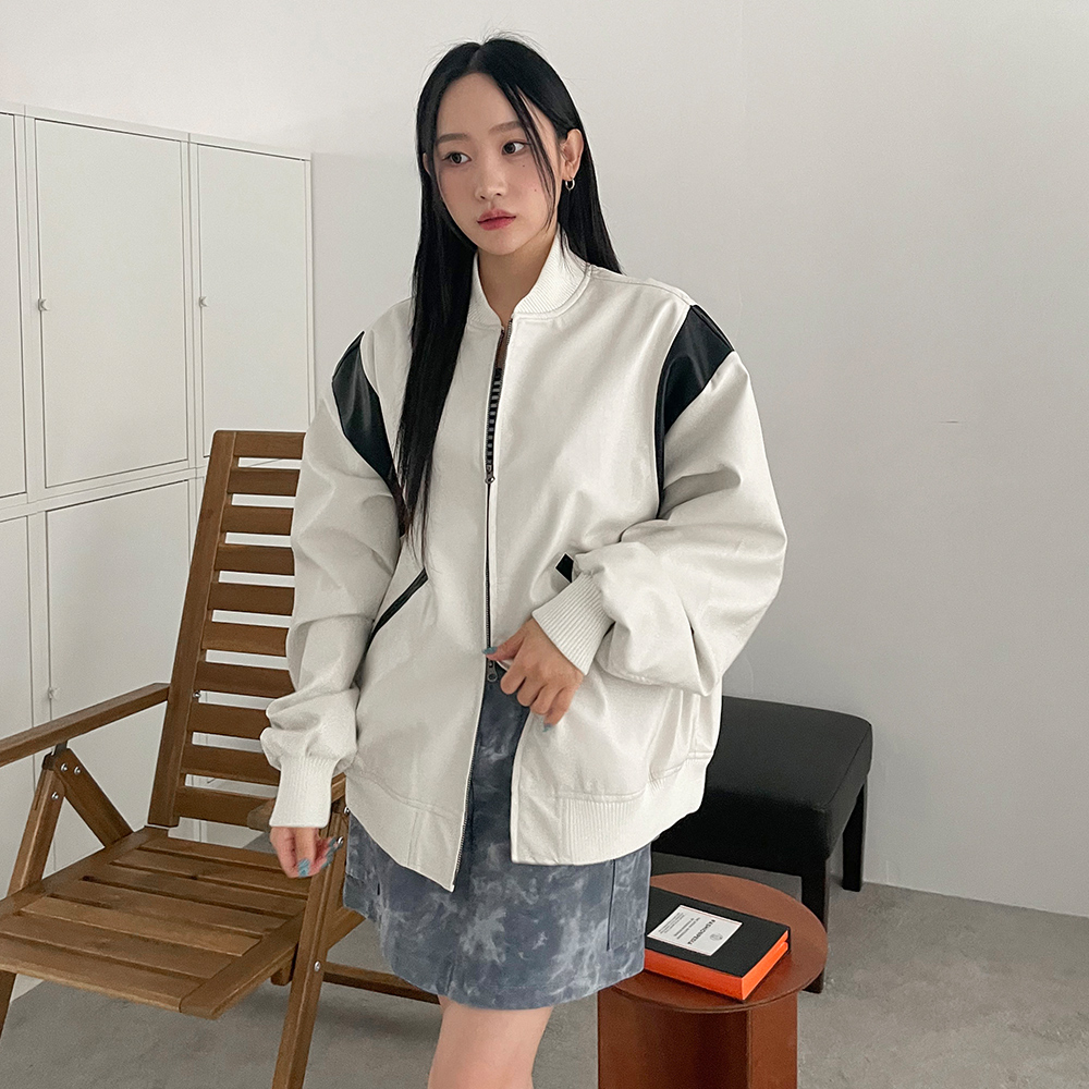 [무료배송][기획/유니섹스]디엔 레더 바시티 자켓 <br> 가죽 바시티 유니크 배색 투웨이 레더자켓