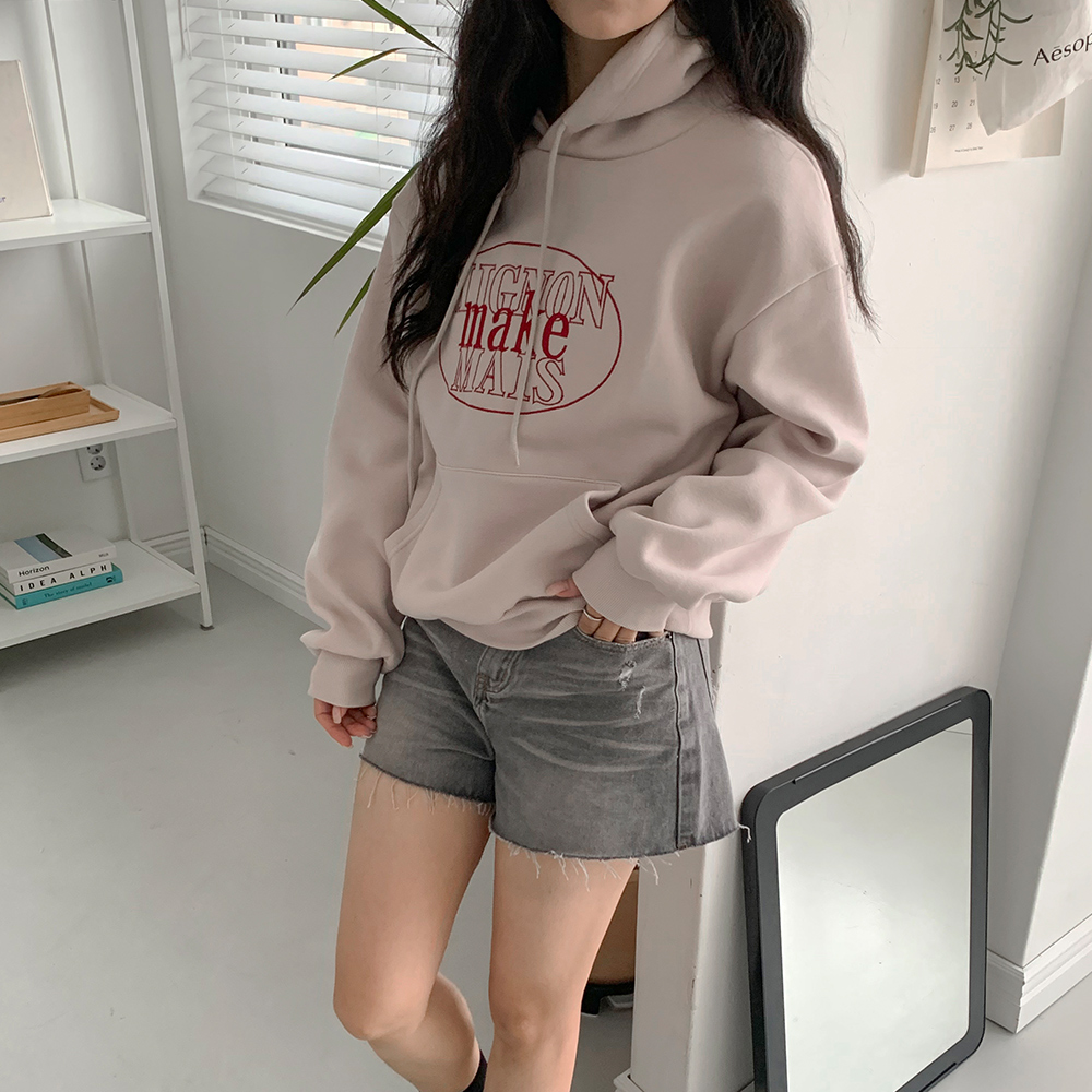 [무료배송][얇은기모]맨디 레터링 자수 후드티<br> 후드 자수 오버핏 데일리 기본 루즈핏 드롭숄더 후디