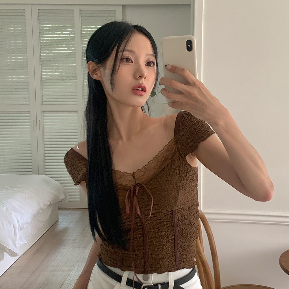 [무료배송][모델소장🤍]튜튜 레이스 리본 반팔티<br> 반팔티 레이스티 블라우스