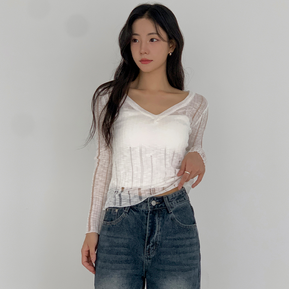 [무료배송][여리핏!]헤이즐 브이넥 니트<br> 여름니트 헤짐 데미지 시스루 여름 긴팔 베이직