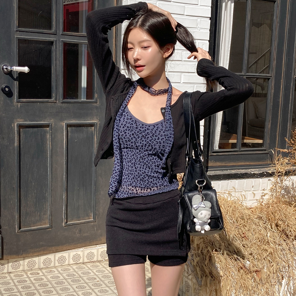 국내생산♥[무료배송][가을무드]센텀 레오파드 나시 <br> 길이조절 머플러 시스루 이중 레이어드 호피 브이넥 세트