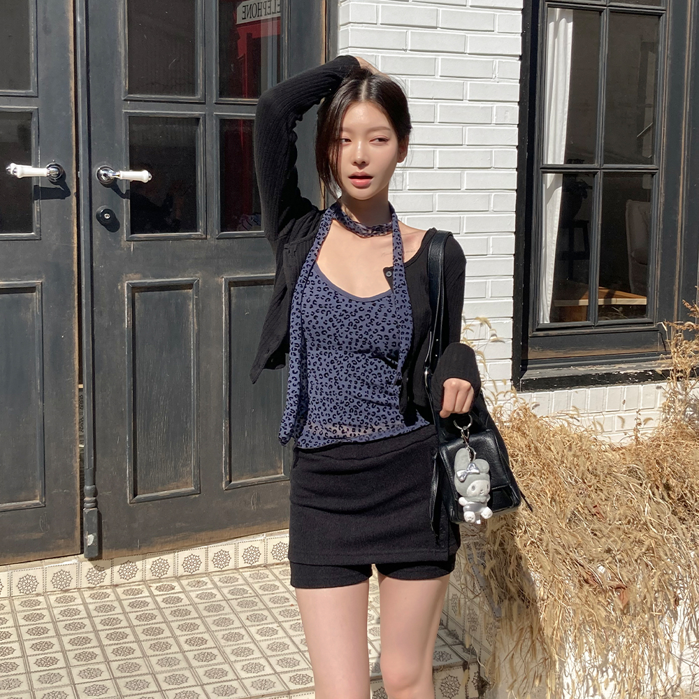 국내생산♥[무료배송][가을무드]센텀 레오파드 나시 <br> 길이조절 머플러 시스루 이중 레이어드 호피 브이넥 세트